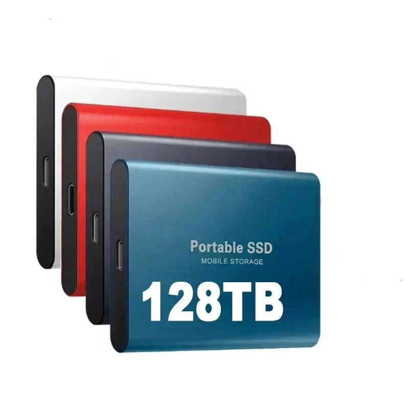 Quatre disques SSD portables de 128 To en bleu, rouge, blanc et noir, offrant un stockage mobile haute capacité et rapide.