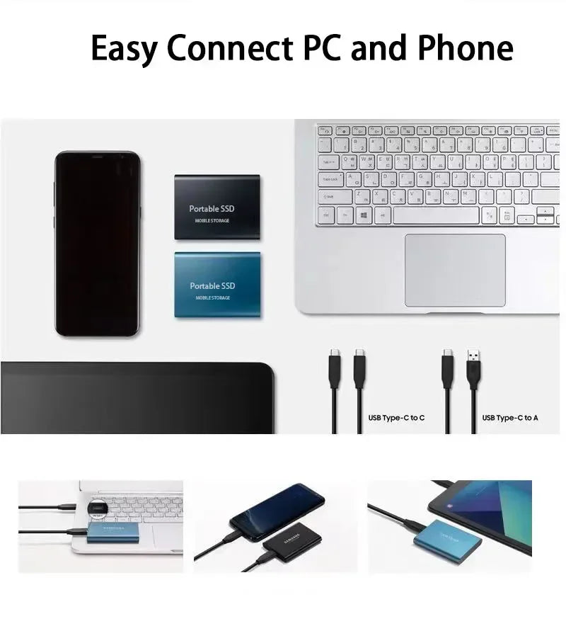 Ordinateur portable connecté à un smartphone et SSD portable via câbles USB Type-C, illustrant la compatibilité facile entre appareils.