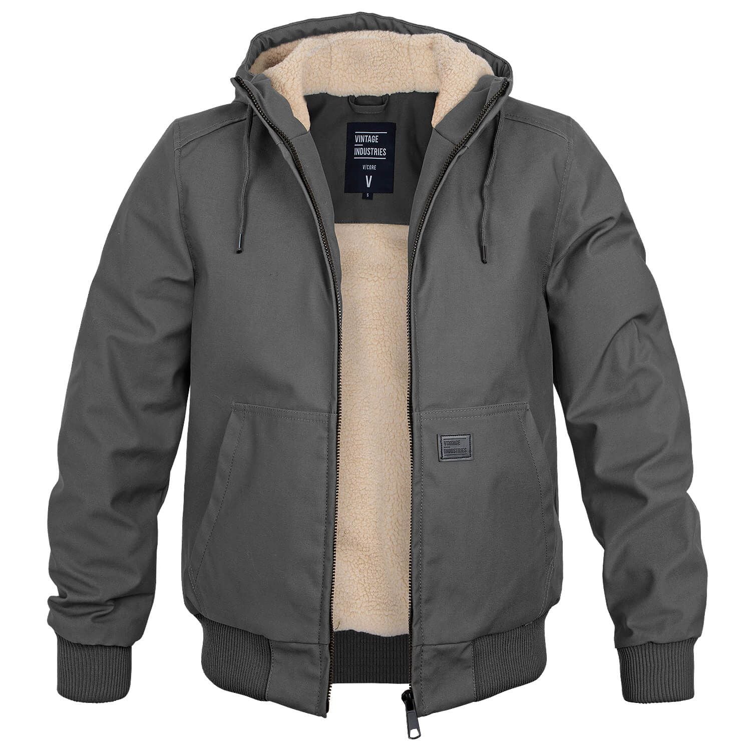 Veste à capuche grise pour homme, doublure en fourrure synthétique beige, poches avant, fermeture éclair, style décontracté, idéale pour l'hiver.