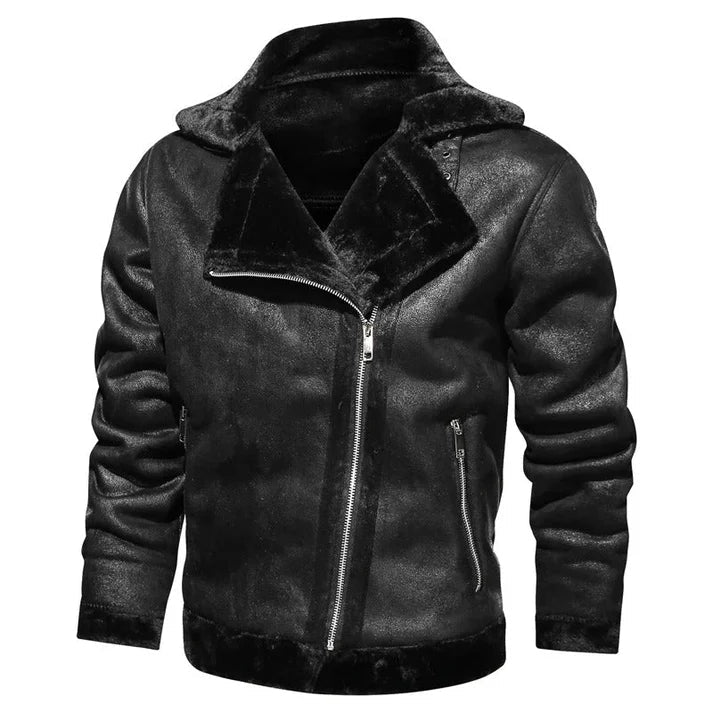 Veste en cuir noir pour homme avec col en fourrure, fermeture éclair asymétrique, style motard. Mode masculine, blouson tendance hiver.
