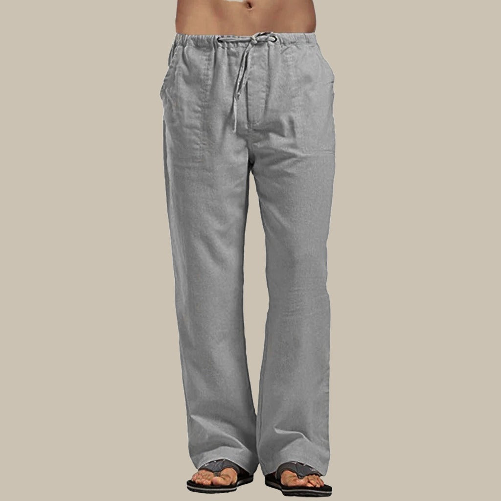 Pantalon en lin gris pour homme, coupe décontractée, avec cordon de serrage à la taille, idéal pour l'été et les tenues décontractées.