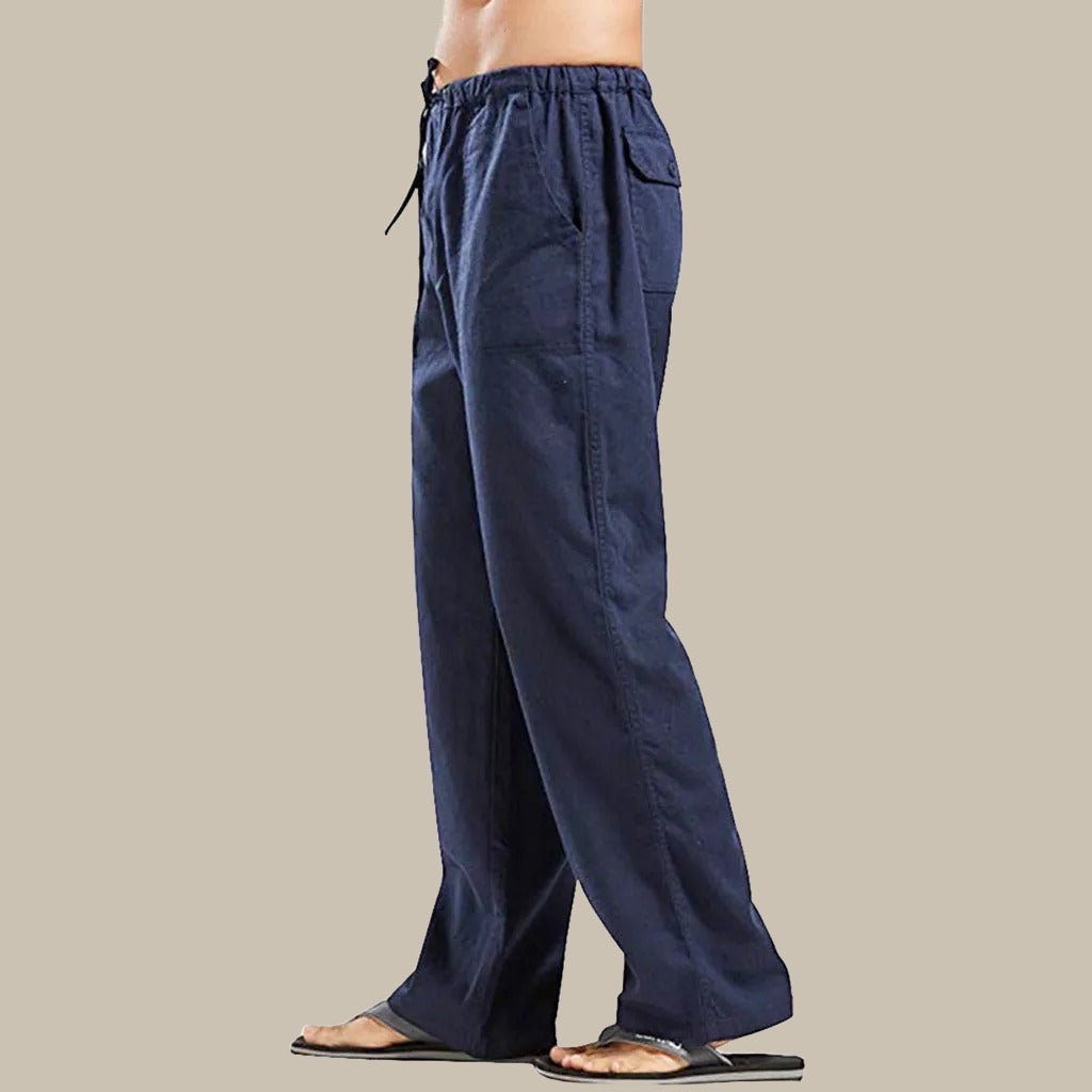 Pantalon ample en lin bleu marine pour homme, taille élastique avec cordon, style décontracté, idéal pour l'été et les loisirs.