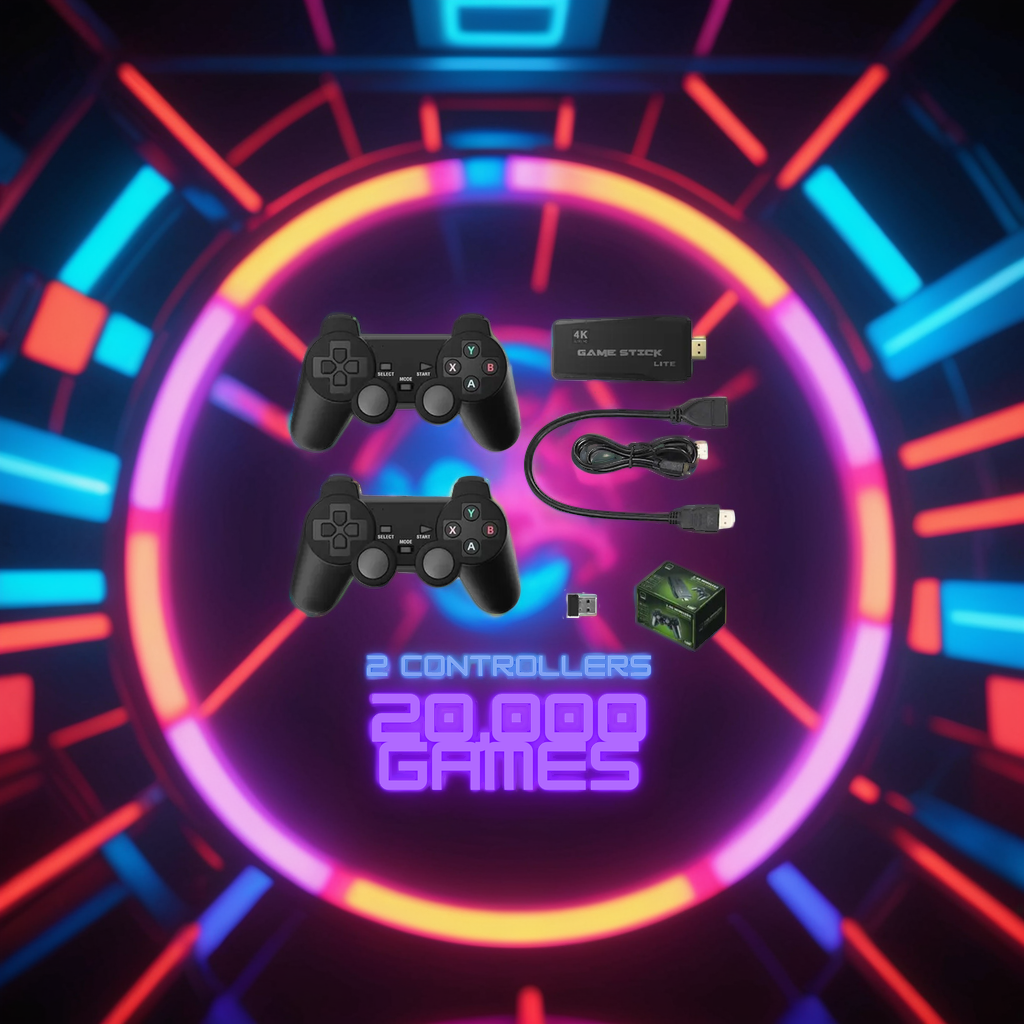 Deux manettes de jeu noires avec adaptateur USB, câble et carte mémoire, sur fond néon coloré. Texte: "2 controllers, 20,000 games".