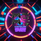 Deux manettes de jeu noires avec adaptateur USB, câble et carte mémoire, sur fond néon coloré. Texte: "2 controllers, 20,000 games".