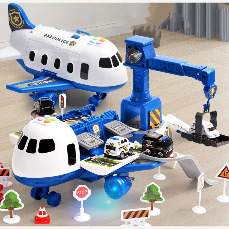 Jouet avion de police pour enfants avec véhicules miniatures, hélicoptère, grue et panneaux de signalisation. Ensemble de jeu éducatif interactif.