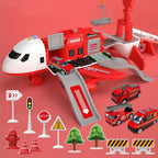 Jouet avion rouge transformable en garage avec voitures de pompiers, panneaux de signalisation, cônes de sécurité et accessoires de jeu pour enfants.