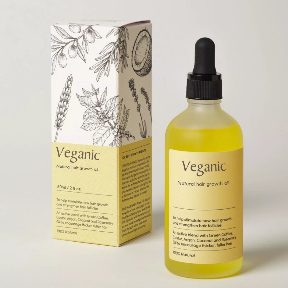 Flacon d'huile de croissance capillaire Veganic, 60ml, avec boîte illustrée. Ingrédients naturels: café vert, argan, coco, romarin. Stimule la pousse des cheveux.