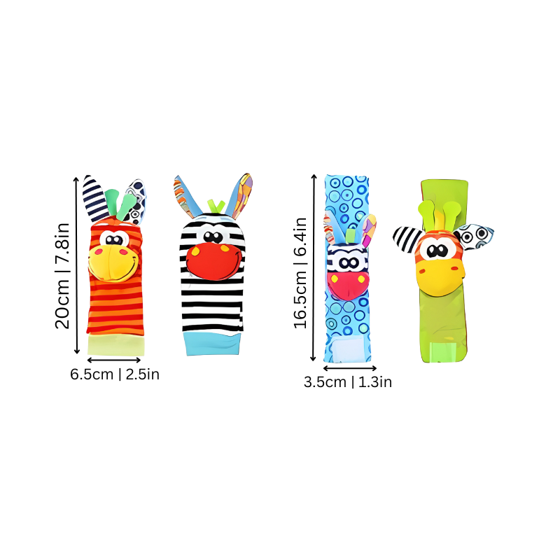 Chaussettes hochet bébé colorées avec motifs rayés et animaux, dimensions indiquées. Jouets d'éveil sensoriel pour nourrissons.