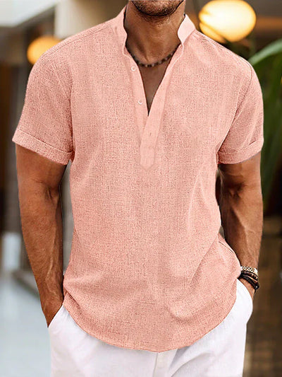 Chemise en lin Silas pour homme - Chemise d'été respirante à col Henley et manches courtes