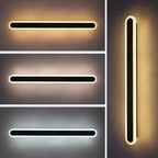 Quatre appliques murales LED modernes, formes rectangulaires et ovales, éclairage blanc et jaune, design minimaliste pour décoration intérieure.