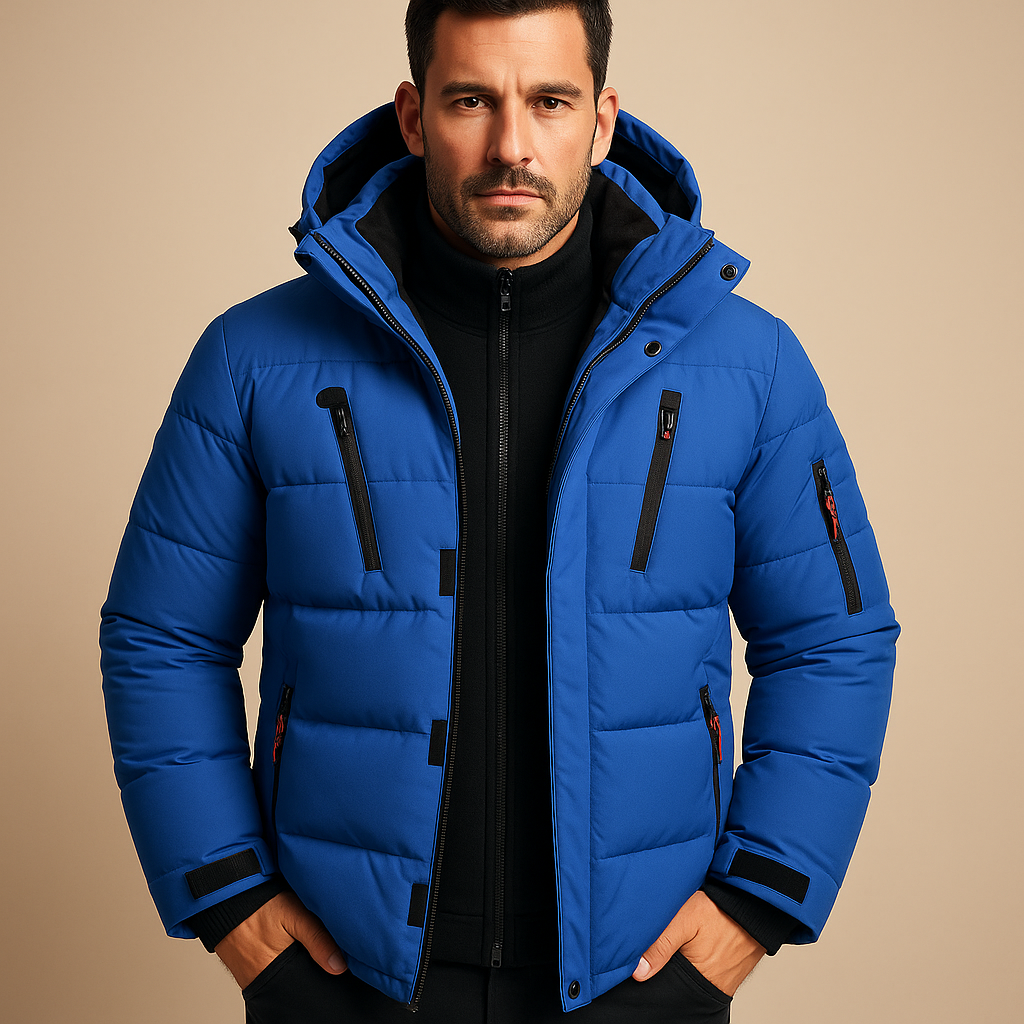 Homme portant une doudoune bleue avec capuche, fermetures éclair noires, sur fond beige. Mode hiver, veste chaude, style moderne.