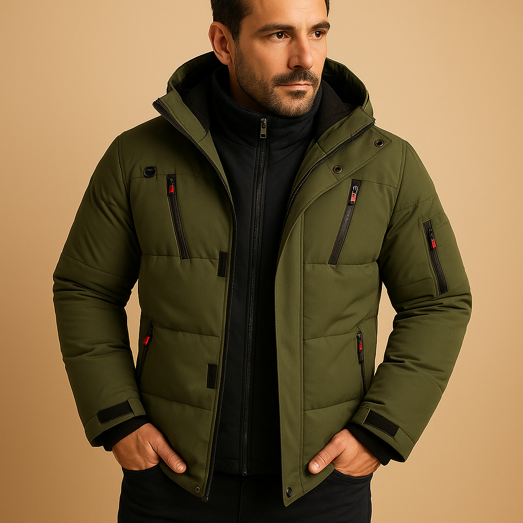 Homme portant une doudoune verte élégante avec capuche, fermetures éclair noires et poches multiples, sur fond beige. Mode hiver, veste chaude.