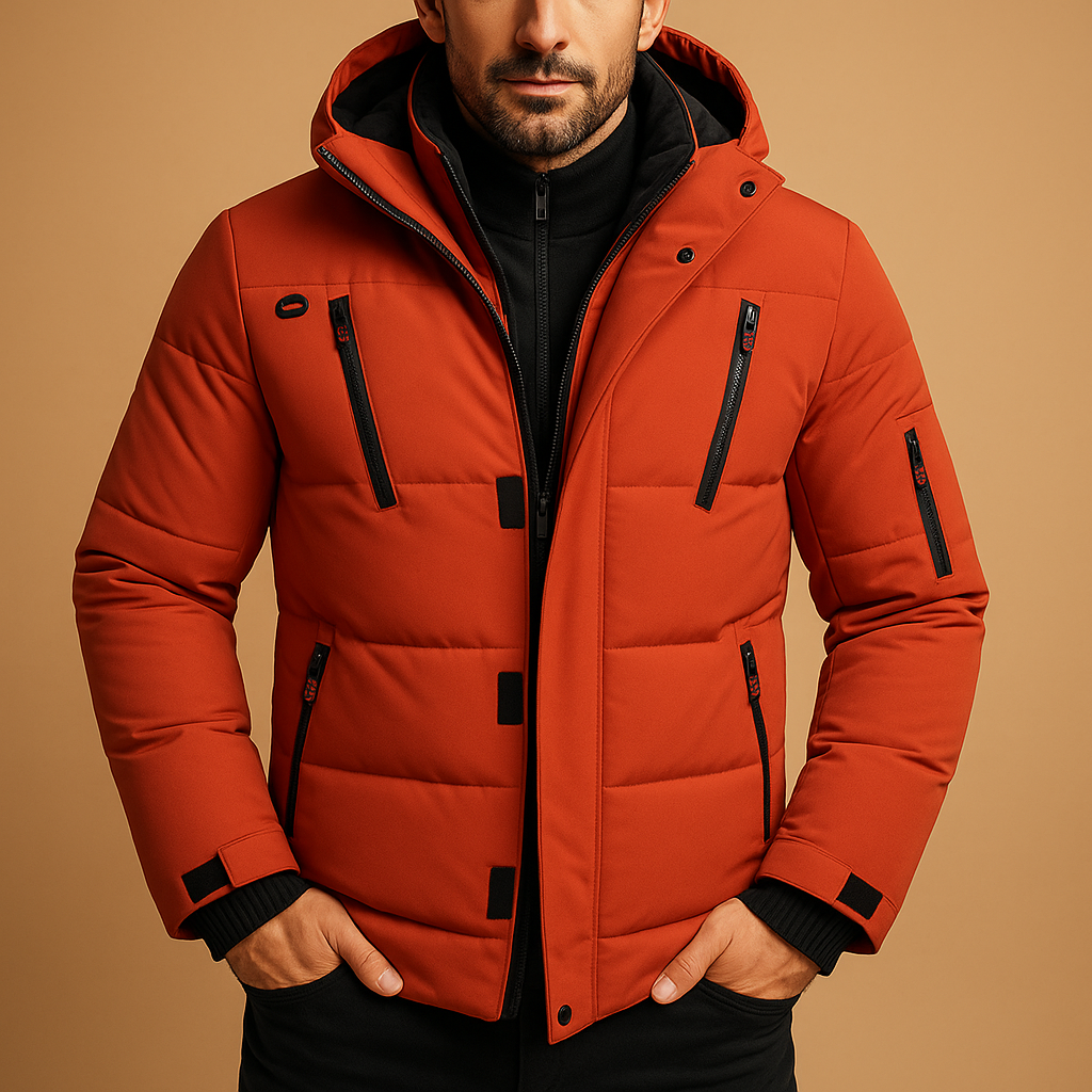 Homme portant une doudoune rouge avec capuche, fermetures éclair noires, sur fond beige. Mode hiver, veste chaude, style moderne.