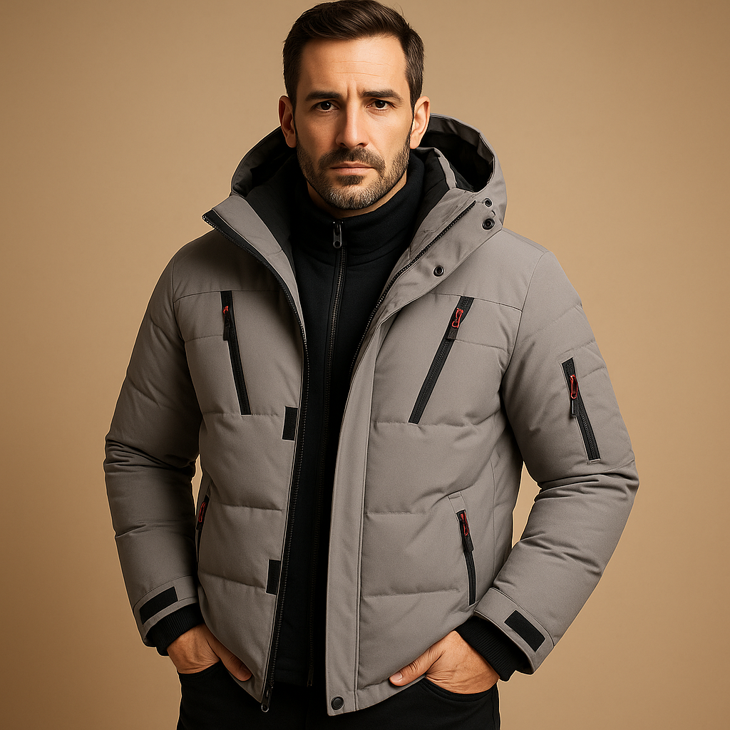 Homme portant une doudoune grise avec capuche, fermetures éclair noires, sur fond beige. Mode hiver, veste chaude, style moderne.