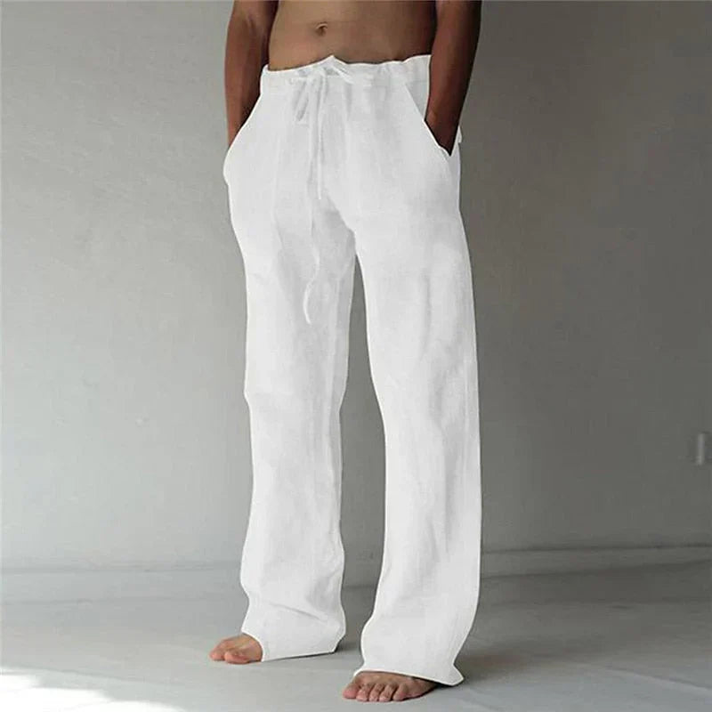 Pantalon blanc en lin pour homme, ample et confortable, avec cordon de serrage, idéal pour l'été et les tenues décontractées.