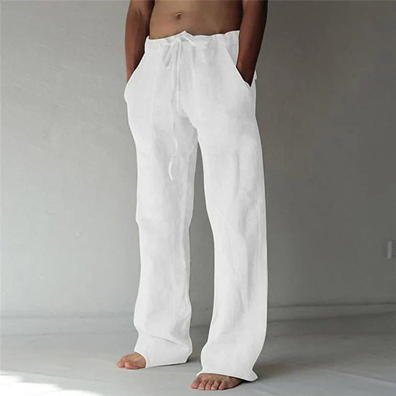 Pantalon blanc en lin pour homme, ample et confortable, avec cordon de serrage, idéal pour l'été et les tenues décontractées.