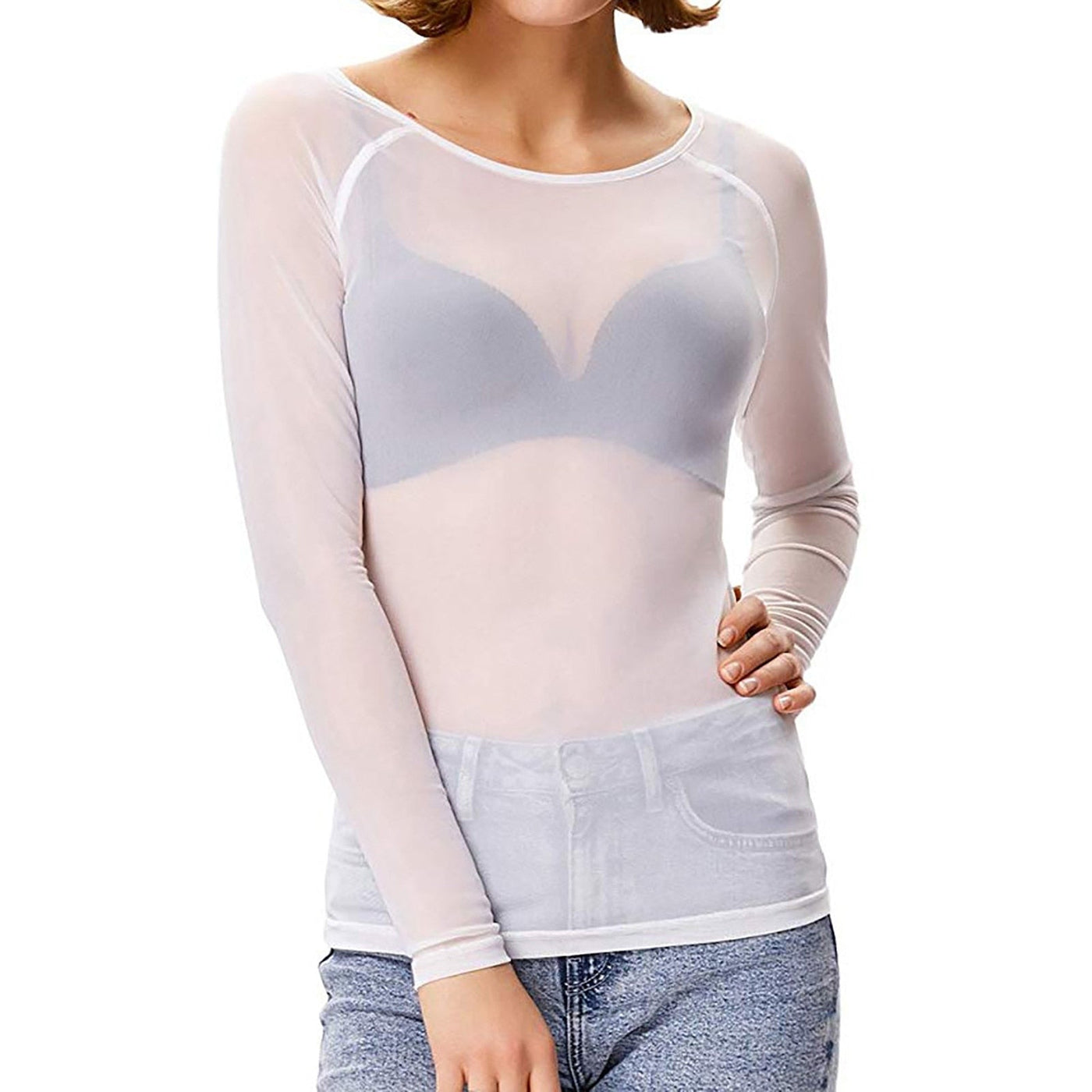 Top de manga larga de malla transparente para mujer