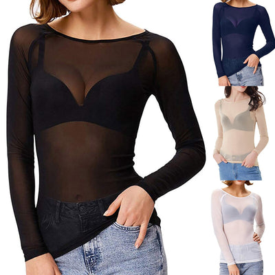 Top de manga larga de malla transparente para mujer