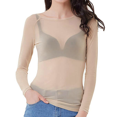 Top de manga larga de malla transparente para mujer