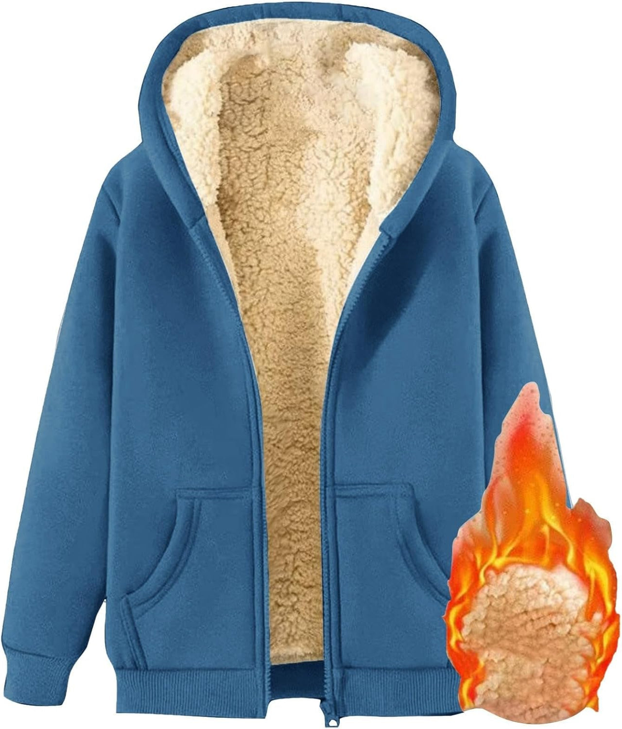 Veste à capuche bleue doublée en polaire, fermeture éclair, poches avant, motif de flamme indiquant chaleur et confort.