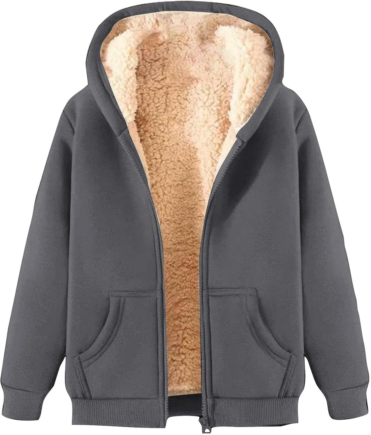 Veste à capuche grise doublée en polaire, fermeture éclair, poches avant, style décontracté, idéale pour l'hiver et les températures froides.