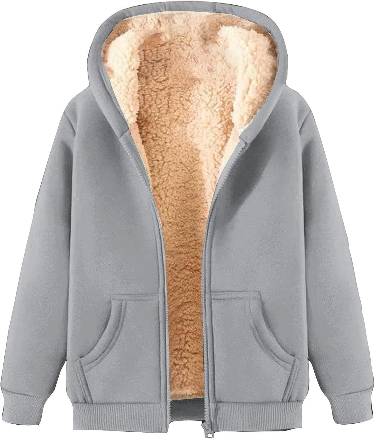 Veste à capuche grise doublée en fausse fourrure, fermeture éclair, poches avant, style décontracté, idéale pour l'hiver et les temps froids.