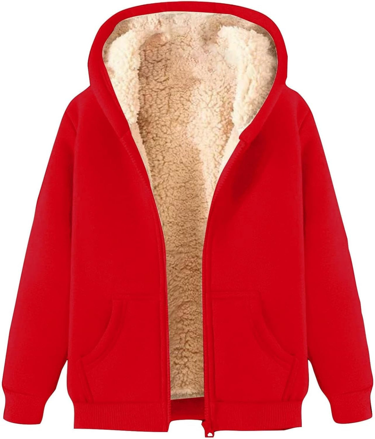 Veste à capuche rouge en polaire doublée, chaude et confortable, idéale pour l'hiver. Design moderne avec poches avant et fermeture éclair.