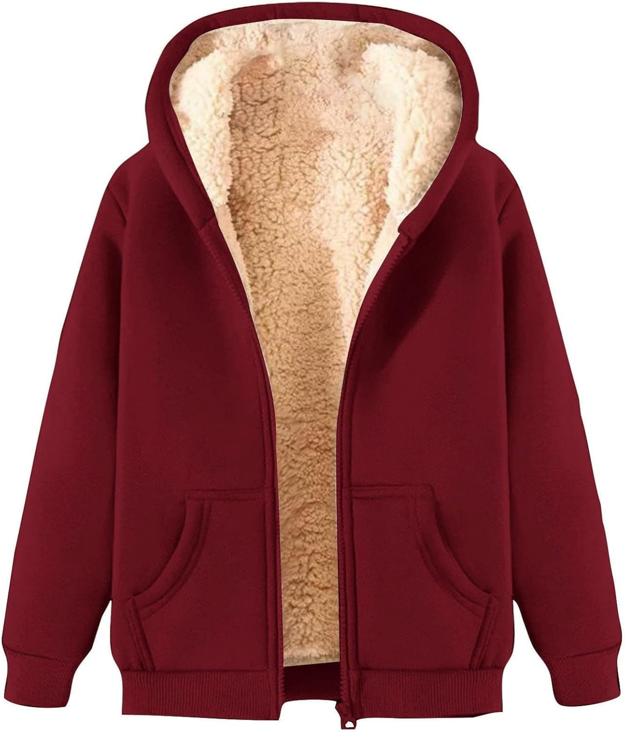 Veste à capuche bordeaux doublée en fausse fourrure, fermeture éclair, poches avant, style décontracté, idéale pour l'hiver et l'automne.