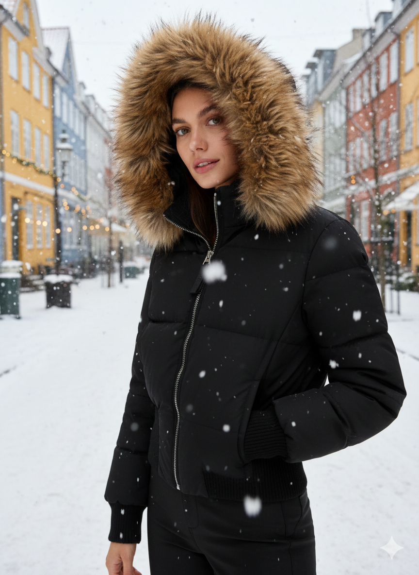 Sort dunjakke med hætte og kunstpels til kvinder