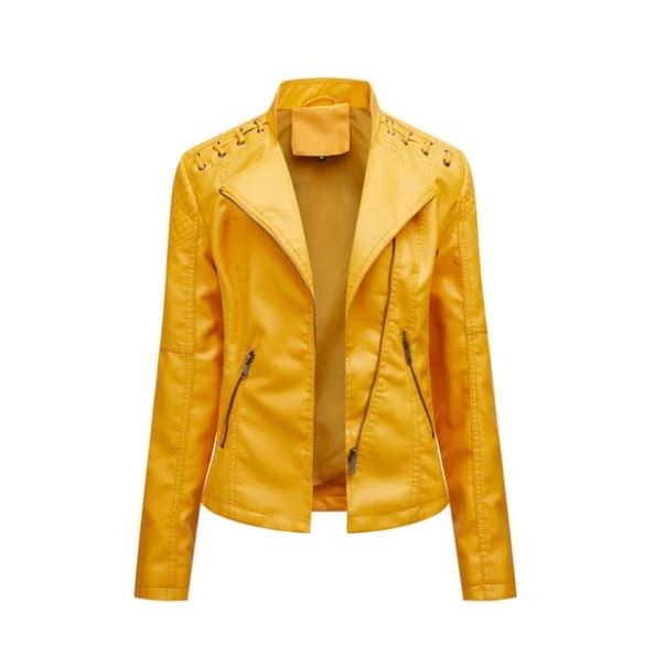 Veste en cuir jaune pour femme avec fermeture éclair, détails cloutés sur les épaules, style moderne et tendance, idéale pour l'automne.