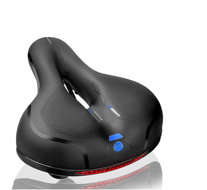 Selle de vélo ergonomique noire avec coussinets en gel, design antidérapant, idéale pour confort cycliste, compatible VTT et vélo de route.