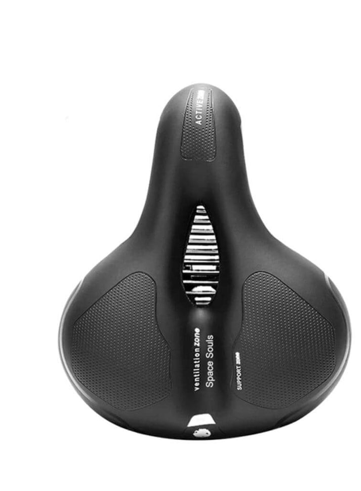 Selle de vélo ergonomique noire avec ventilation centrale, design confortable pour cyclisme, idéale pour longues distances et performance optimale.