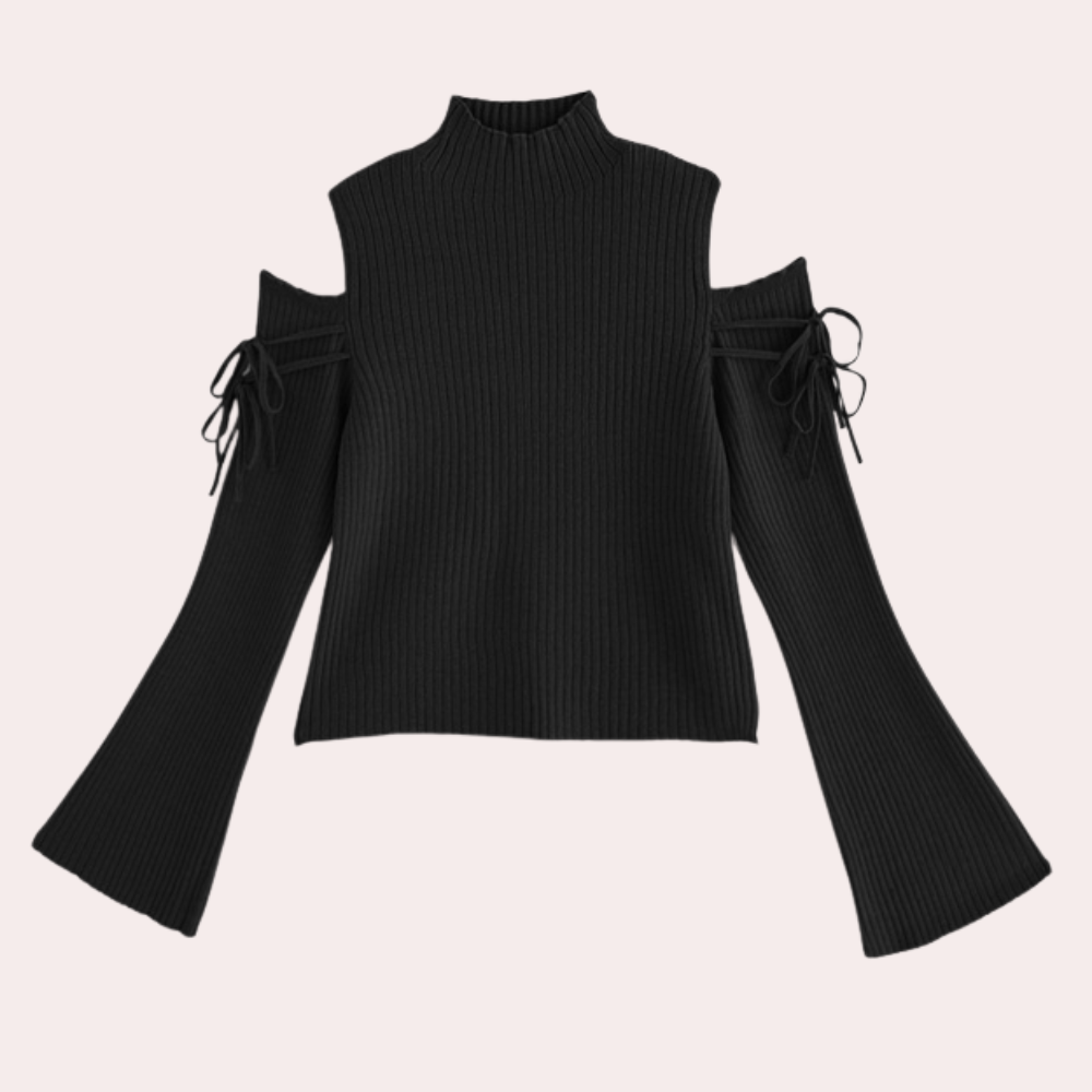 Pull noir à épaules dénudées, manches longues évasées avec lacets, style moderne et élégant, idéal pour mode automne-hiver.
